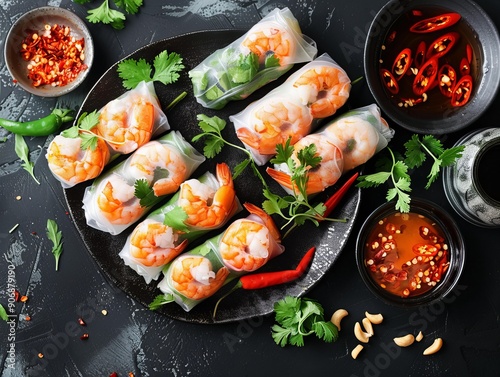 Goi Cuon. The most popular Vietnamese dishes. Fresh spring rolls made with rice paper, usually filled with shrimp, pork, vermicelli noodles, and fresh herbs, served with a hoisin peanut sauce.