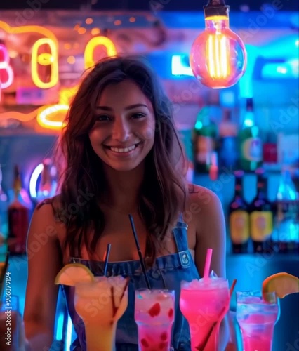 Young female worker at bartender desk in restaurant tropical seaside bar preparing coctail. beautiful young woman behind bar making coctail