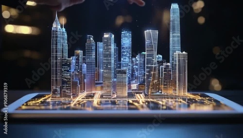 Digital twin of a smart city on a tablet, hologram concept for urban planning and management with buildings models. Infrastructure Technology. Generative AI. 