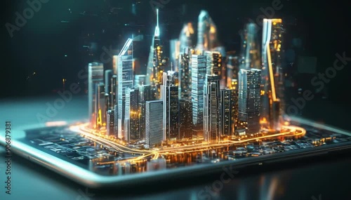 Digital twin of a smart city on a tablet, hologram concept for urban planning and management with buildings models. Infrastructure Technology. Generative AI. 