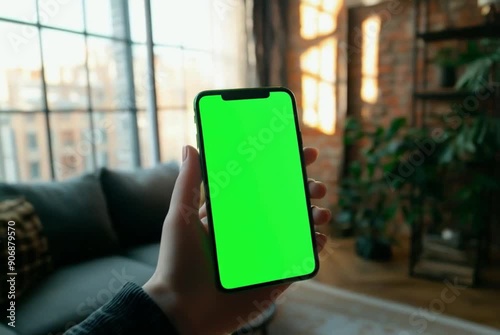 a person holding an smartphone with a completely green screen in a cozy living room. Generative AI.