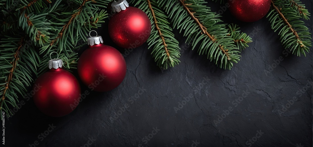 Christmas Decoration With fir Branches on a Dark Shale Background copy space Christmas Decoration With fir Branches on a Dark Shale Background copy space