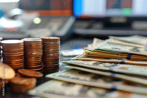 Close-up of a stack of coins with chip cookies in the background