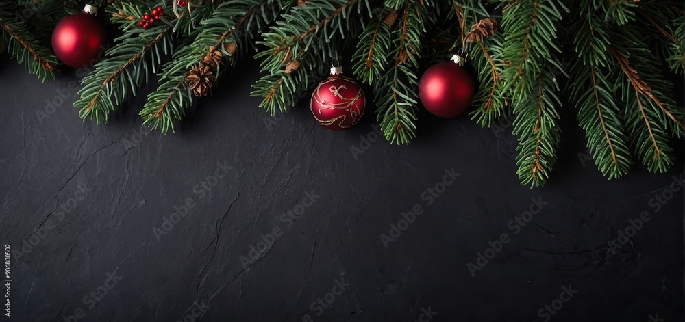 Christmas Decoration With fir Branches on a Dark Shale Background copy space Christmas Decoration With fir Branches on a Dark Shale Background copy space