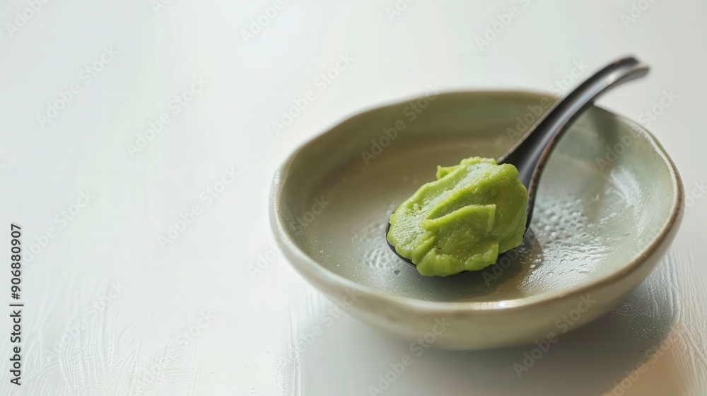 A close-up of fresh wasabi served on a delicate spoon, showcasing its vibrant green color on a minimalistic plate. A close-up of fresh wasabi served on a delicate spoon, showcasing its vibrant green color on a minimalistic plate.