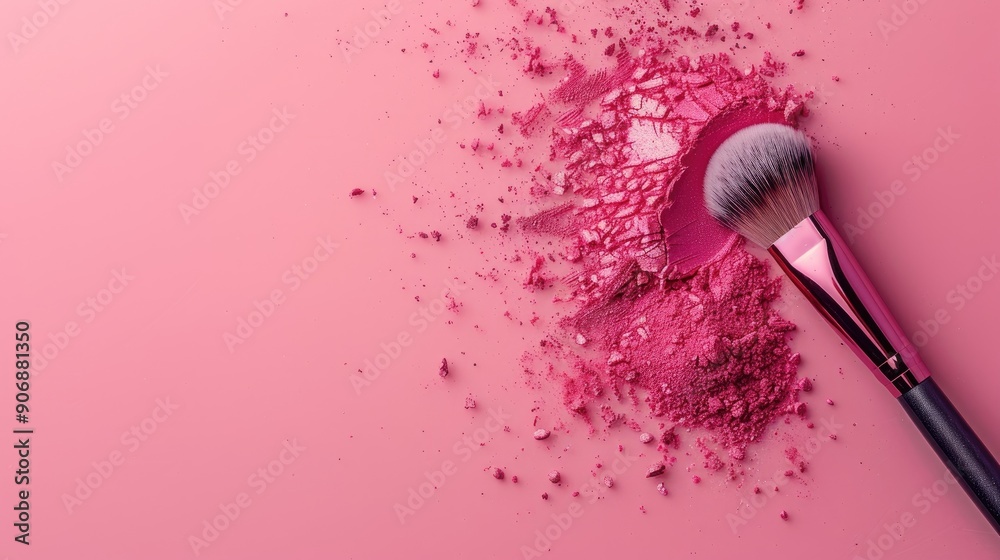 Makeup brush and powder on pink background with space for text Makeup brush and powder on pink background with space for text