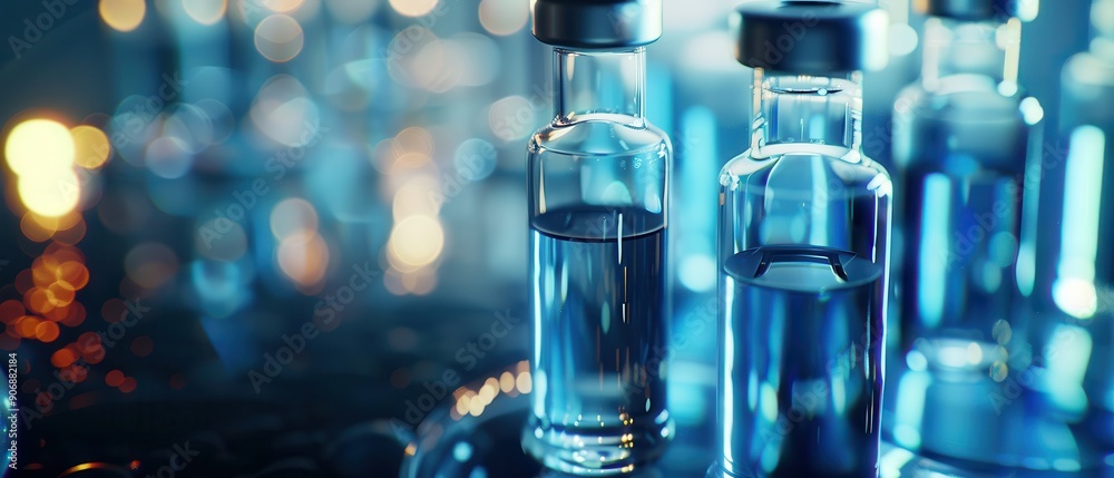 Closeup of vials with liquid in a science laboratory. Free copy space for text. Closeup of vials with liquid in a science laboratory. Free copy space for text.