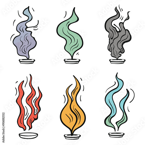 Six colorful flames smoke swirls rising bowls, handdrawn cartoon style. Shades purple, green, gray, red, yellow, blue simplified flame designs, minimalist. Twisting smoke fire, simple line art