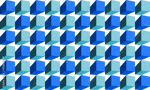 Blue and green tone cube 3D seamless repeat pattern, replete image design for fabric printing or wallpaper, blue abstract wall, checkerBoard