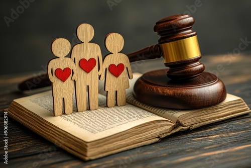 Family law gavel standing on old book protecting family figure photo