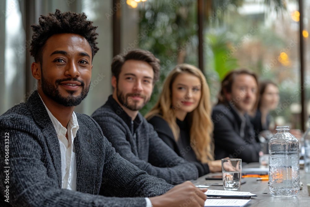 A group of people are sitting at a table with a bottle of water in front of them A group of people are sitting at a table with a bottle of water in front of them