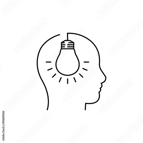human head with thin line light bulb. concept of brainstorm or thinking emblem and unique idea. linear flat stroke prompt like hanging lightbulb logotype art