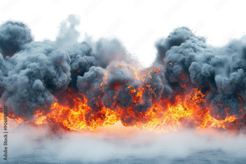Large explosion with grey smoke and orange flames.
Large explosion with grey smoke and orange flames.