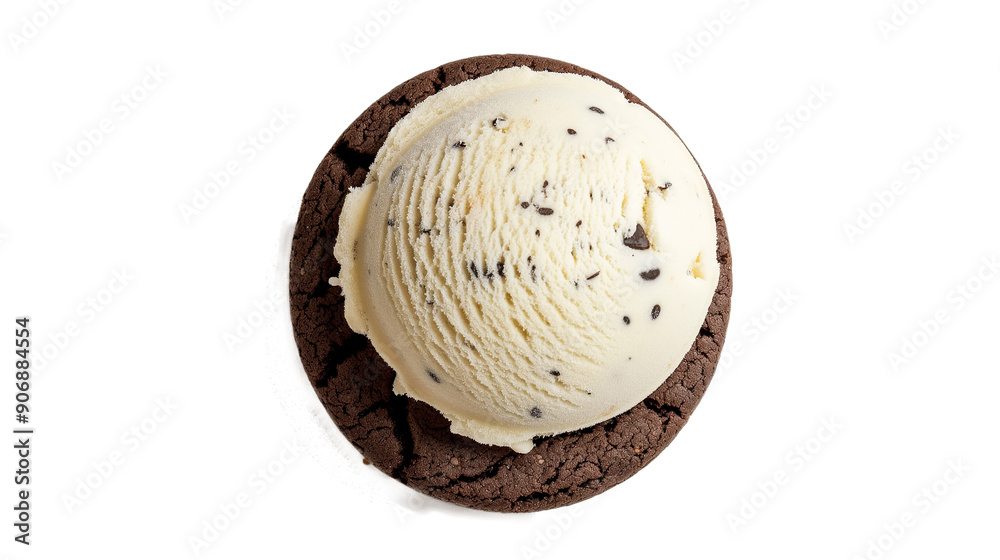 A scoop of ice cream sits on top of a cookie isolated on a transparent background A scoop of ice cream sits on top of a cookie isolated on a transparent background