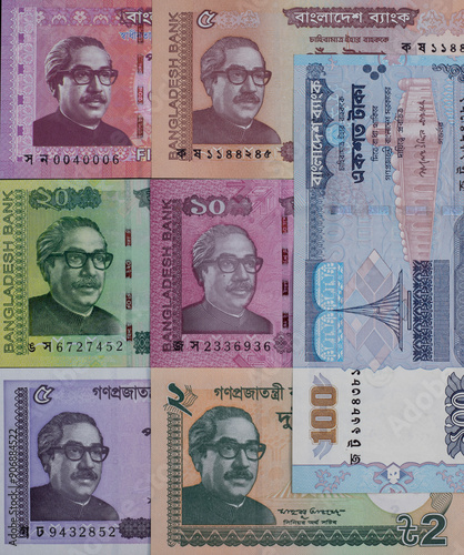 Shiekh Mujbur rahman portraits from different bangladeshi currency taka notes closeup photo