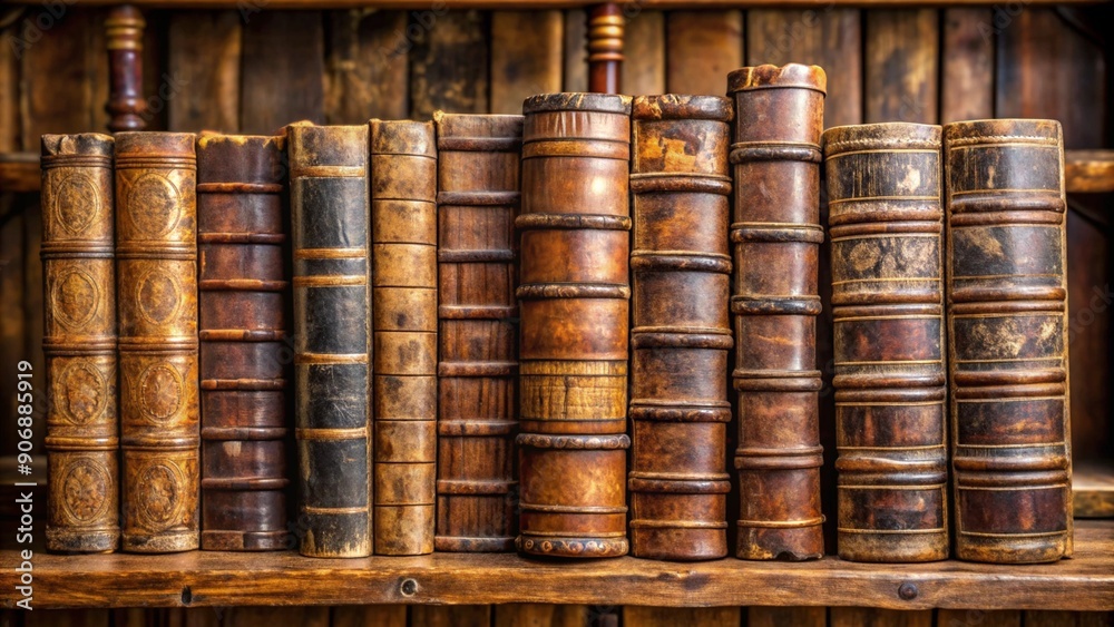 Time Worn Leather Bound Books on Wooden Shelf Time Worn Leather Bound Books on Wooden Shelf