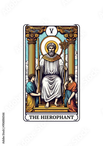 The Hierophant: Tarot Card Featuring Spiritual Guide, Throne, Pillars, Clerical Robe, and Disciples