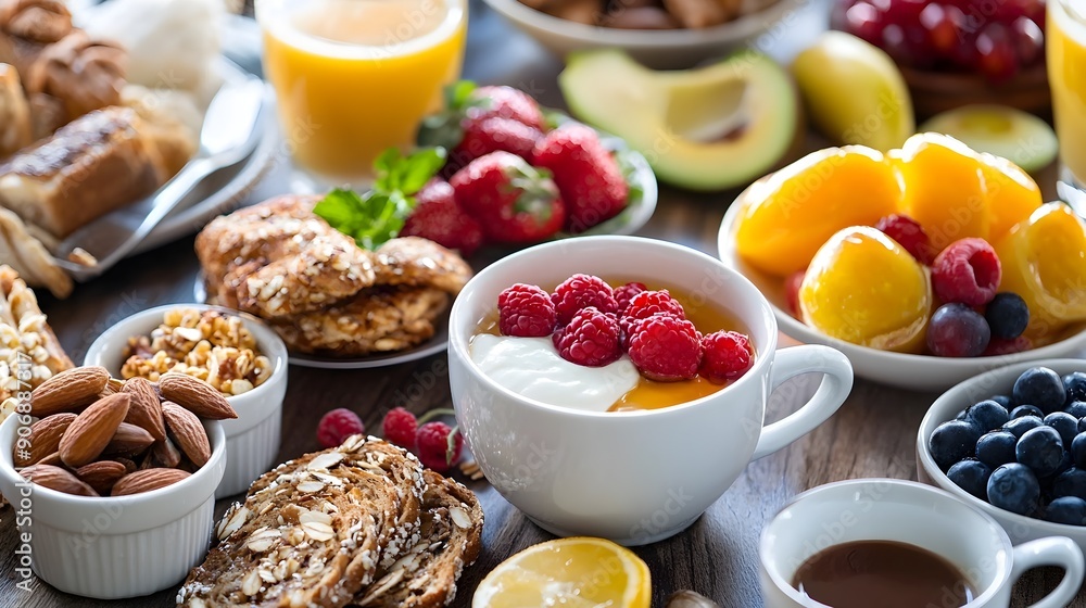 Bountiful Breakfast Spread Showcasing Healthy and Vibrant Meal Selections Bountiful Breakfast Spread Showcasing Healthy and Vibrant Meal Selections