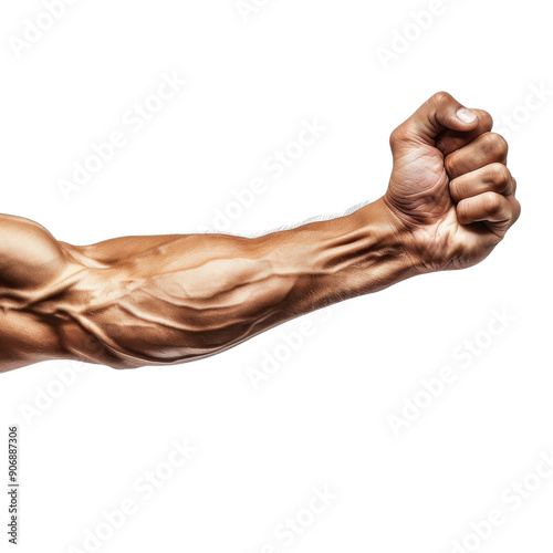 Muscular arm showing strength with clenched fist, highlighting veins and defined muscles. Perfect for fitness and health themes.