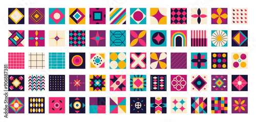 Trendy set of geometric elements in brutalism style. Retro tiles with contemporary abstract shapes, vibrant colors, vector geometry aesthetic