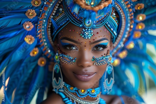 a woman wearing a blue headdress and jewelry