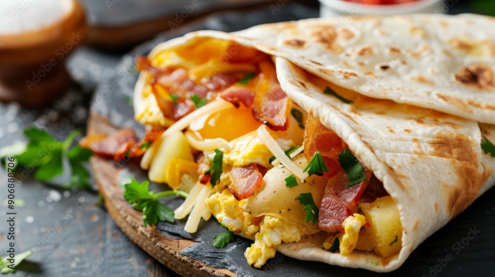 Delicious Breakfast Burrito with Bacon, Egg, and Cheese Delicious Breakfast Burrito with Bacon, Egg, and Cheese