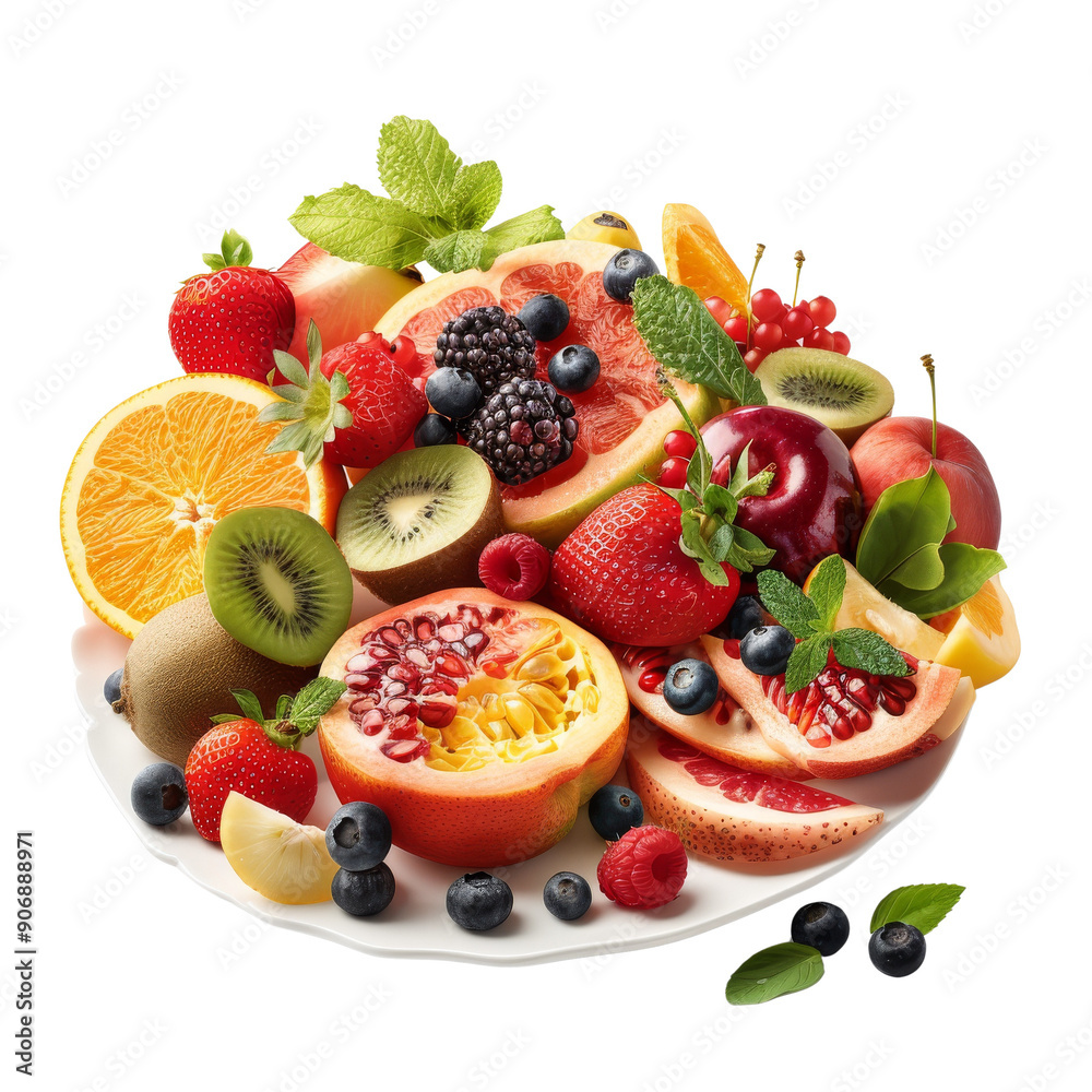 A vibrant and fresh fruit platter featuring a variety of colorful, juicy fruits including oranges, berries, kiwi, pomegranate, and mint leaves. A vibrant and fresh fruit platter featuring a variety of colorful, juicy fruits including oranges, berries, kiwi, pomegranate, and mint leaves.