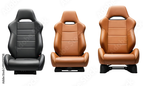 Three sporty car seats in black, brown, and light brown leather, ideal for automotive websites, car accessory stores, or racing-themed promotions. Transparent PNG. photo