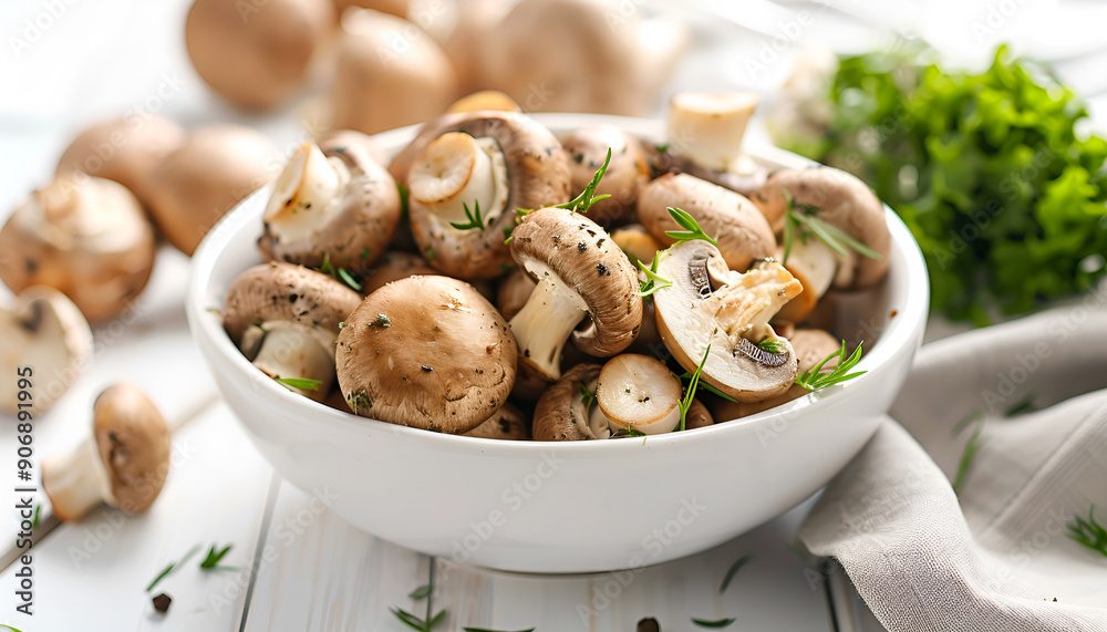 Bowl with delicious cooked mushrooms on white wooden table Bowl with delicious cooked mushrooms on white wooden table