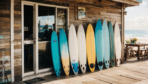 A row of surfboards lined up on the side of a wooden cafe, with a desk and chair in front of it. On the desk there are flower pots and other objects, background there is a beautiful ocean coast.