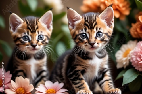 Two small tabby kittens surrounded by flowers.