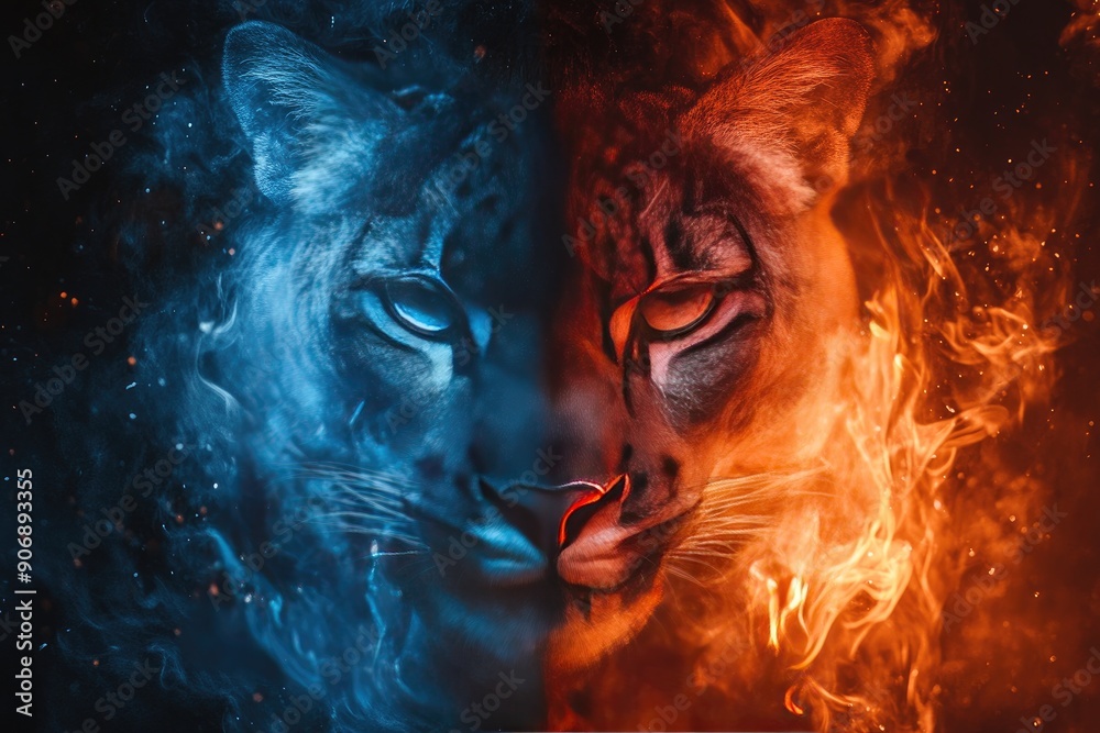 Obraz premium A Split-Face Portrait of a Cougar Embracing Fire and Ice