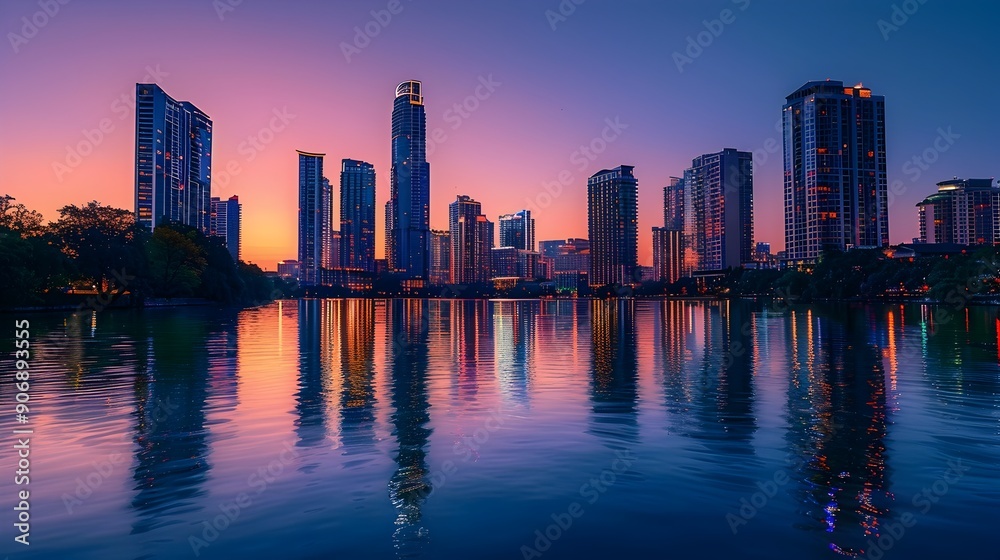 Fototapeta premium Serene Cityscape at Twilight with Lights Reflecting on Calm River