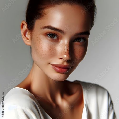 woman with freckles and freckles posing on a white background. natural beauty, face without makeup