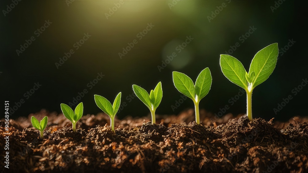 Progression Of Plant Growth: A Series Of Young Seedlings Sprouting In Rich Soil Under Warm Sunlight Progression Of Plant Growth: A Series Of Young Seedlings Sprouting In Rich Soil Under Warm Sunlight