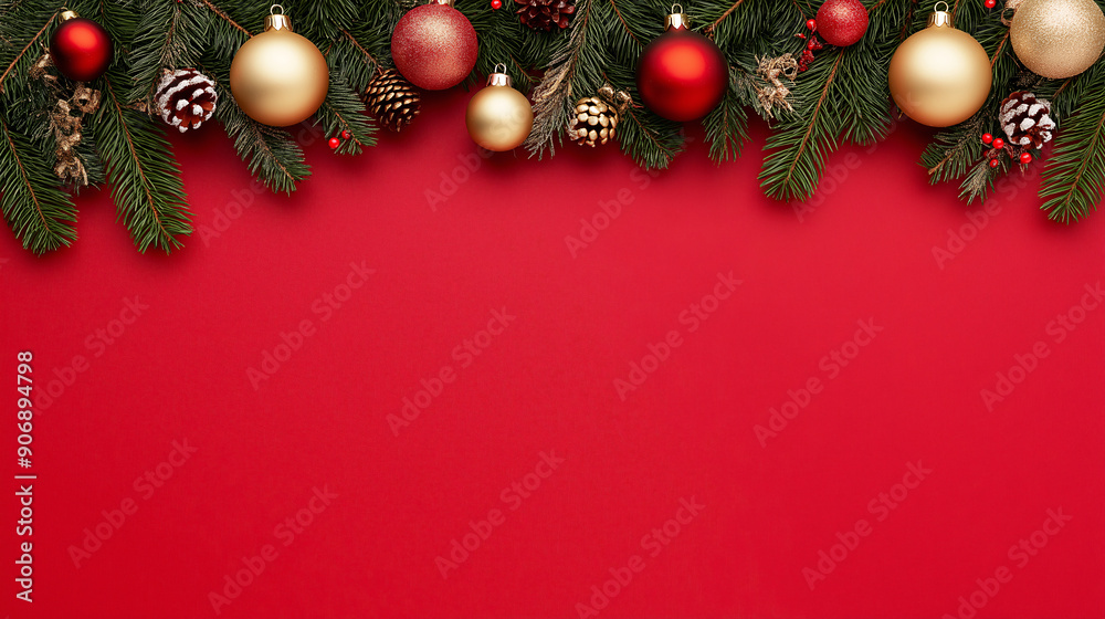 Christmas decorations with pine branches and ornaments on red background Christmas decorations with pine branches and ornaments on red background