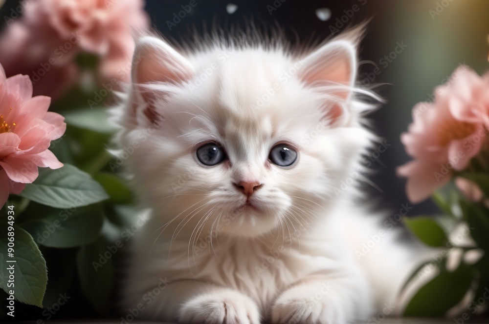 Portrait of a small white kitten surrounded by flowers. Portrait of a small white kitten surrounded by flowers.