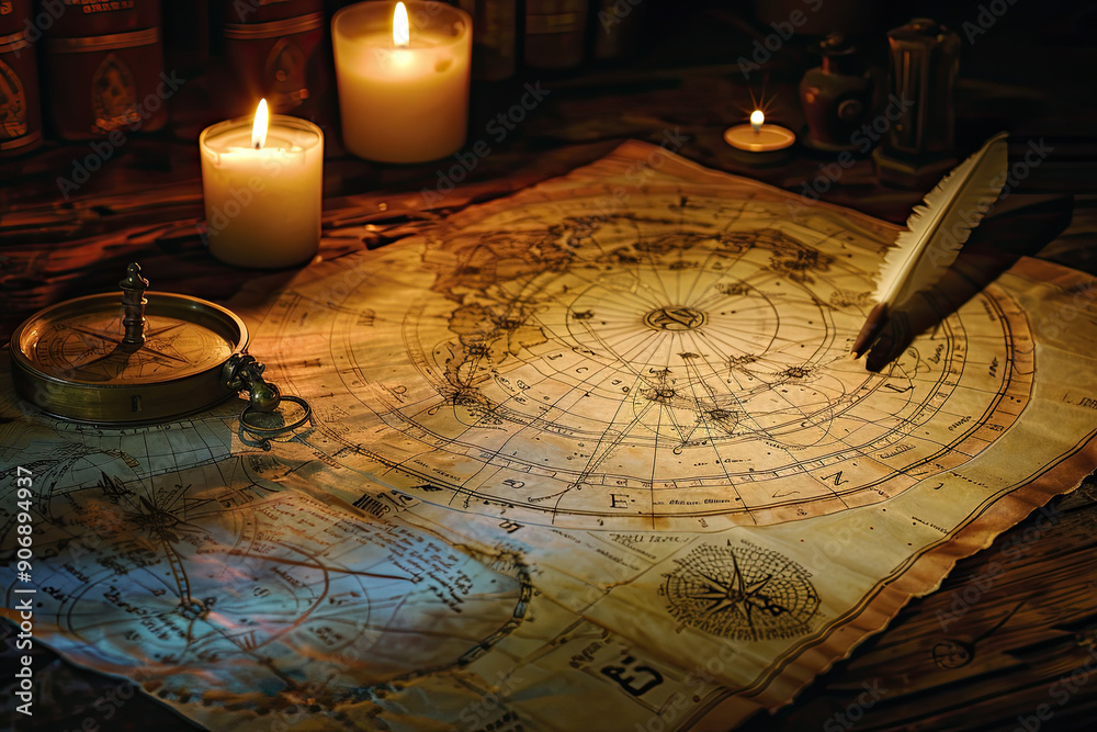 Detailed astrology chart illuminated by candlelight with a quill and compass