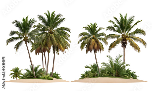 Two clusters of coconut palm trees on sandy islands, perfect for travel brochures, beach-themed designs, or tropical projects. Transparent PNG.