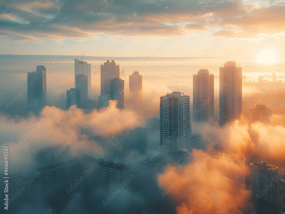 Fototapeta premium Majestic City Skyline Emerging Through Misty Sunrise Haze