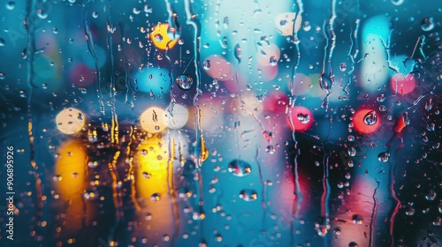 Cinematic raindrops on the car window, against the backdrop of blurred city lights create a serene atmosphere. The colors are bright and neon