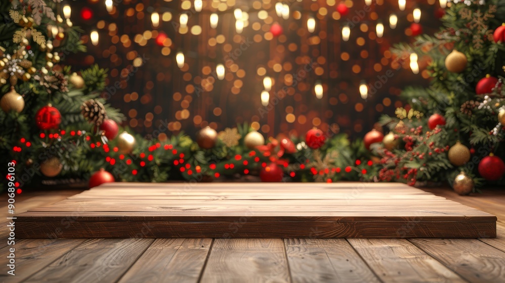 Wooden Table With Christmas Lights Background. Wooden Table With Christmas Lights Background.