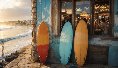Three surfboards sitting on the side of a coast cafe  next to the ocean. Through the glass windows of the building, we can see people sitting at tables.