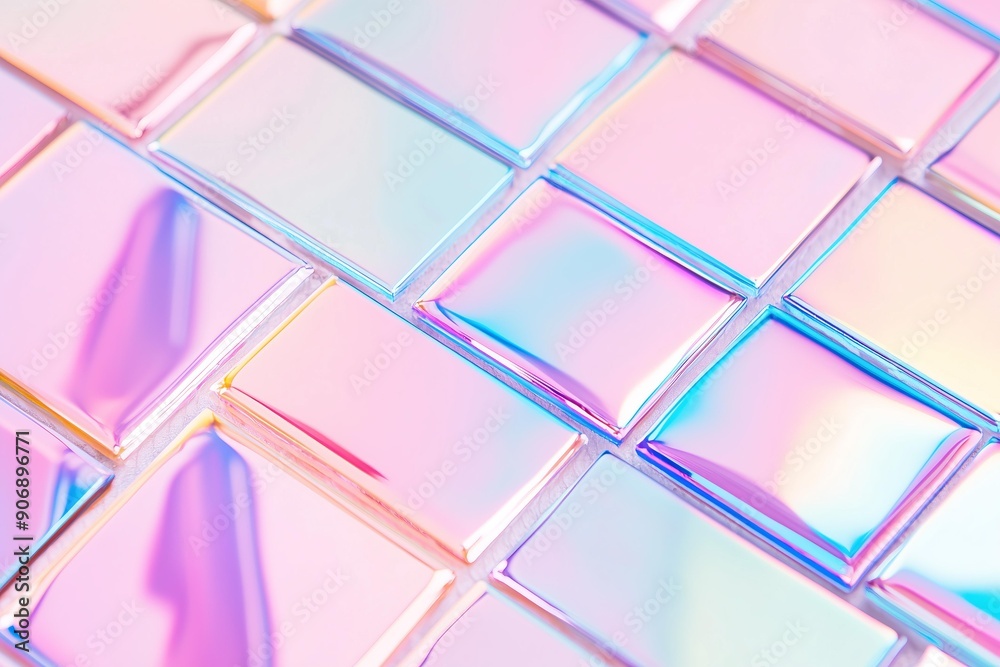 grid of iridescent tiles reflecting a spectrum of colors, Each tile displays a unique blend of pastel hues and metallic sheen grid of iridescent tiles reflecting a spectrum of colors, Each tile displays a unique blend of pastel hues and metallic sheen
