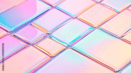 grid of iridescent tiles reflecting a spectrum of colors, Each tile displays a unique blend of pastel hues and metallic sheen