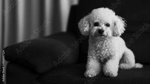 A sweet-looking Bichon Frise lounges on a smooth black sofa in the comfort of his home.