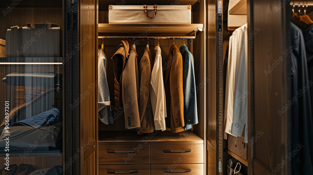 Close-up of a wardrobe with open doors showing neatly organized clothes and accessories Close-up of a wardrobe with open doors showing neatly organized clothes and accessories