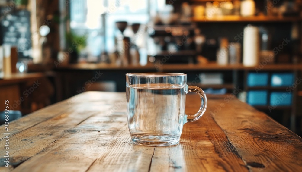 A glass of refreshing water is currently resting on a beautifully crafted wooden table A glass of refreshing water is currently resting on a beautifully crafted wooden table