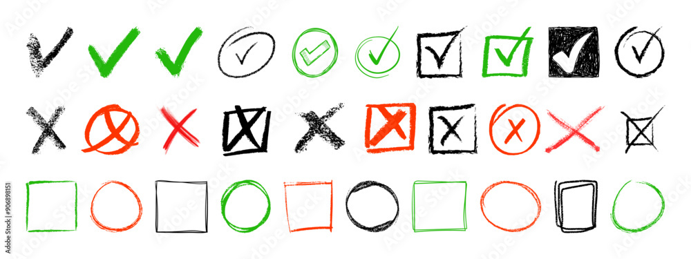 Doodle hand drawn chalk check mark set. Charcoal pencil checklist icons, sketch checkboxes, tick and cross symbols. Crayon checkmark element. Vector Set of Hand drawn Charcoal elements for notes. Doodle hand drawn chalk check mark set. Charcoal pencil checklist icons, sketch checkboxes, tick and cross symbols. Crayon checkmark element. Vector Set of Hand drawn Charcoal elements for notes.