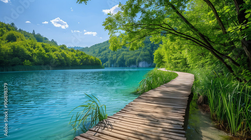 The wooden trail, winding peacefully along the turquoise lake, intertwines with the surrounding green vegetation. In the rays of the sunny, blue sky, the path leads through stunning landscapes.